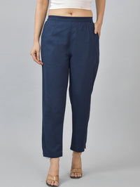 Women Regular Fit Deep Pocket Solid Navy Blue Half Elastic Cotton Pants