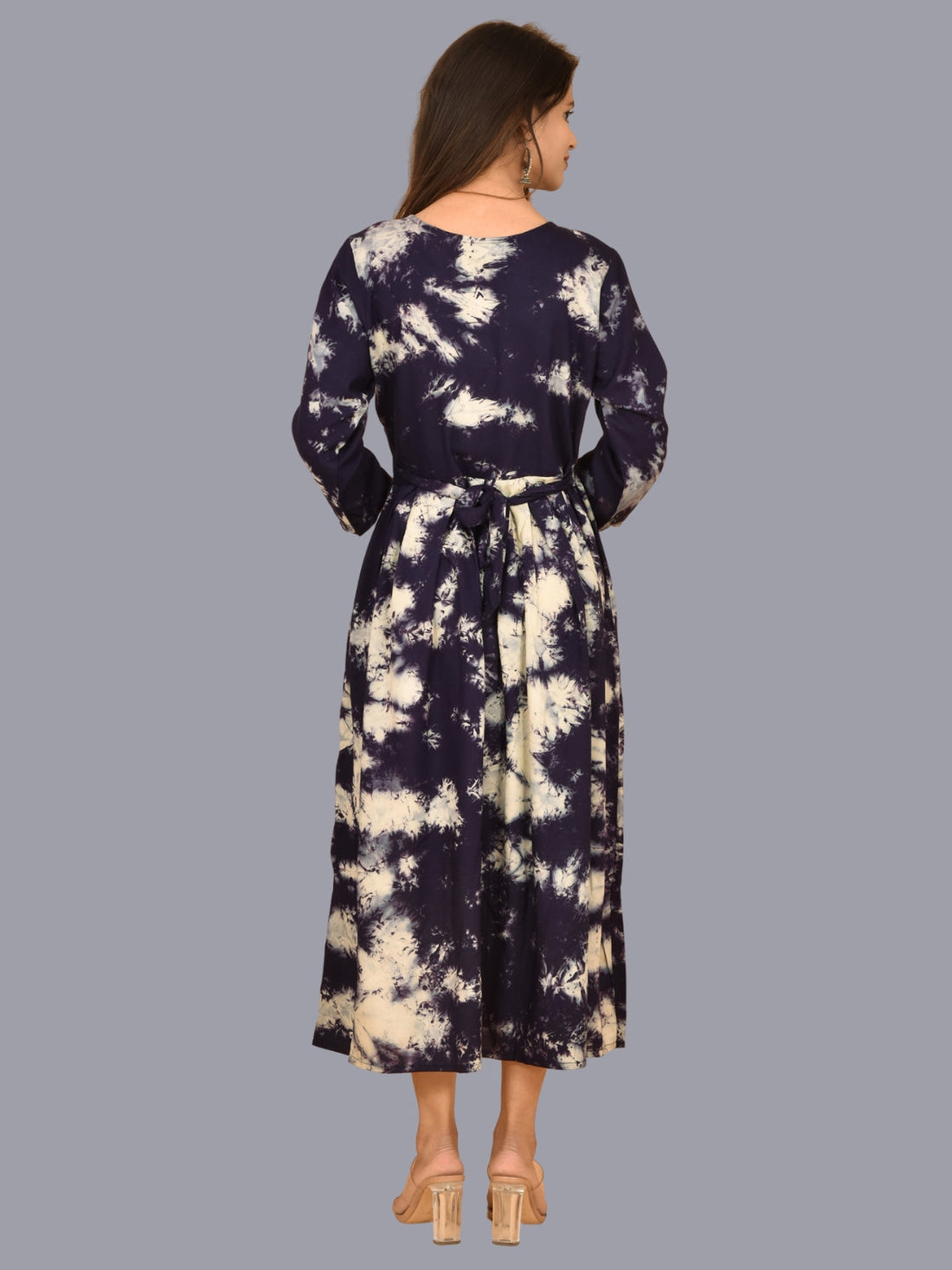 Women Navy Blue Tie Dye Long Dress Rayon 3/4 Sleeve Dress