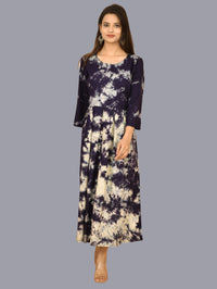 Women Navy Blue Tie Dye Long Dress Rayon 3/4 Sleeve Dress