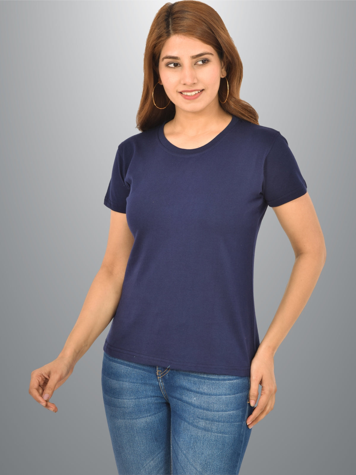 Womens Navy Blue Half Sleeves Cotton Plain T-shirt