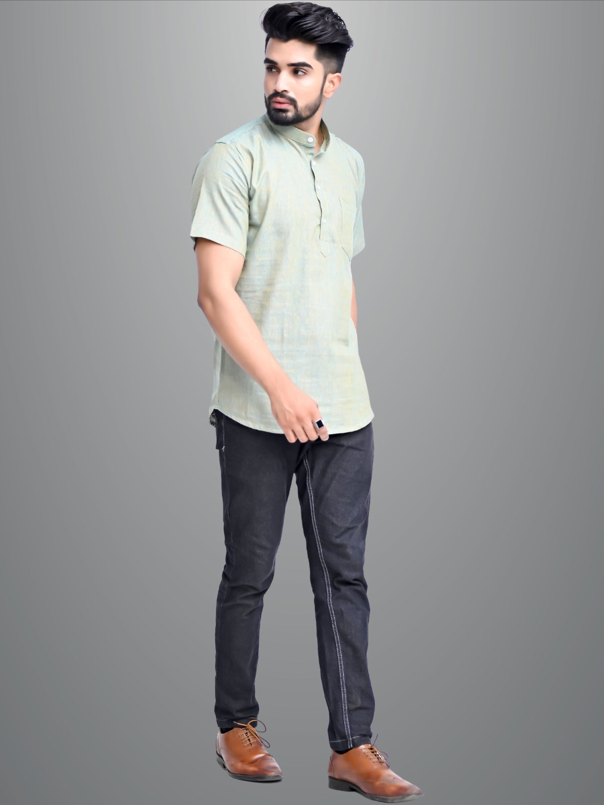 Mens Solid Ocian Blue Cotton Blend Short Kurta