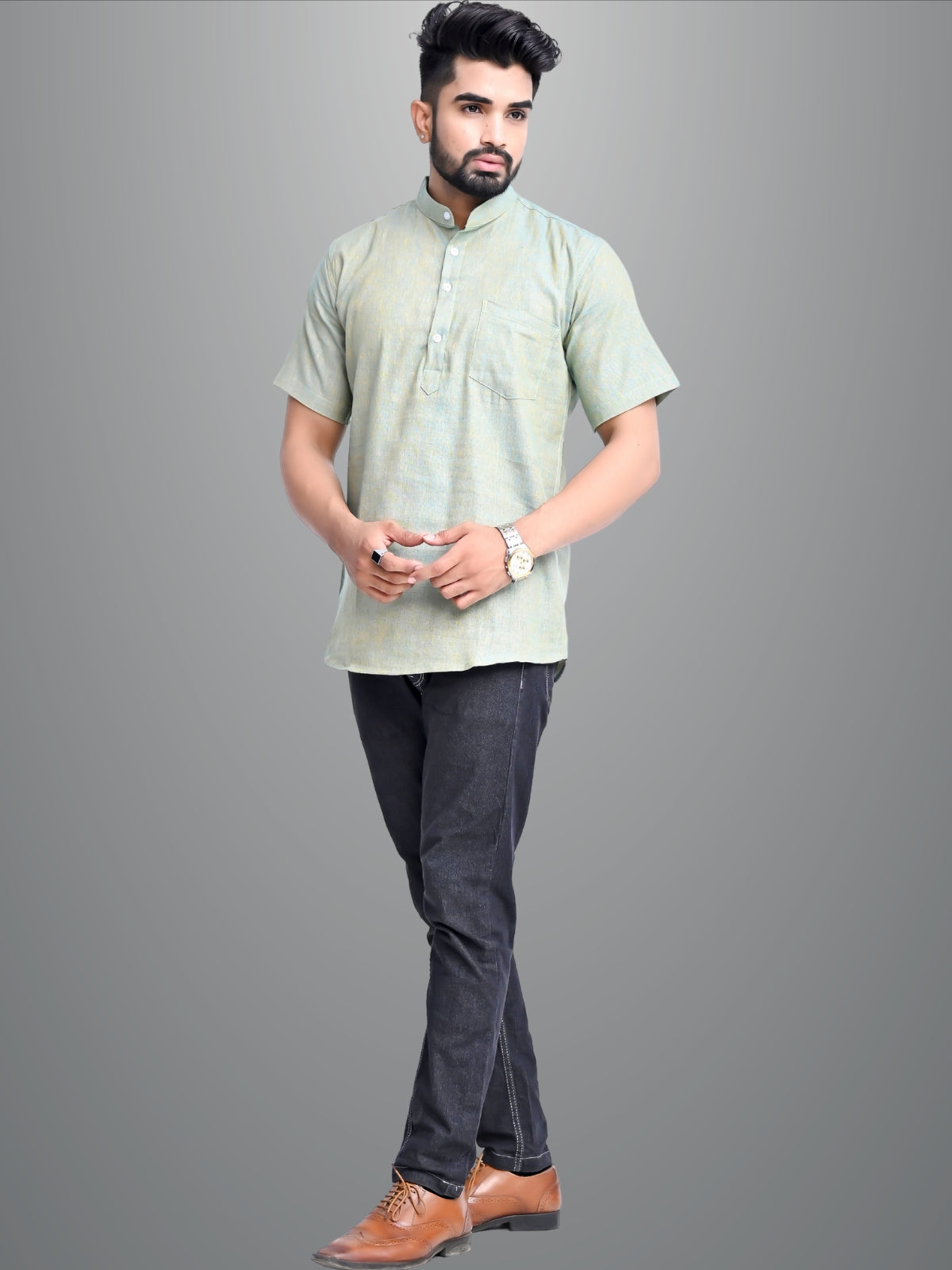 Mens Solid Ocian Blue Cotton Blend Short Kurta