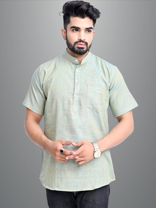 Mens Solid Ocian Blue Cotton Blend Short Kurta