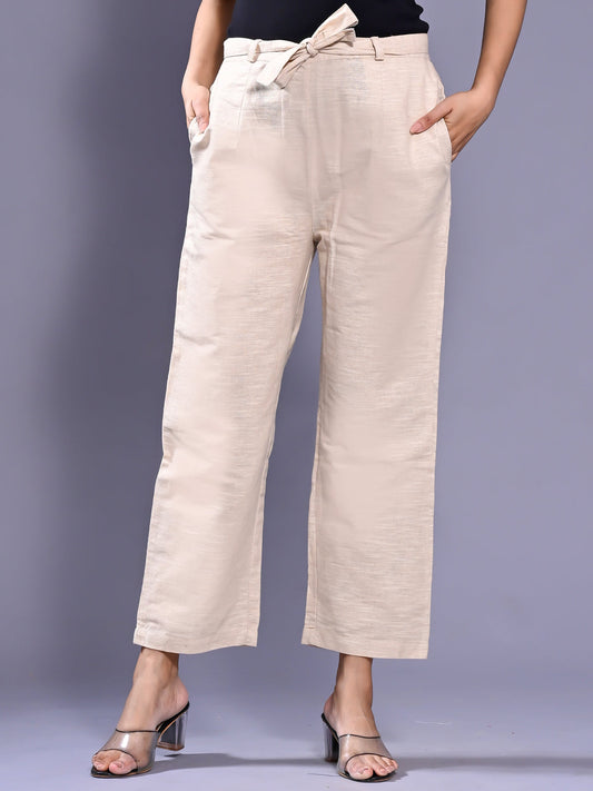 QuaClo Off White Linen Slub Women Regular Fit Cotton Trouser