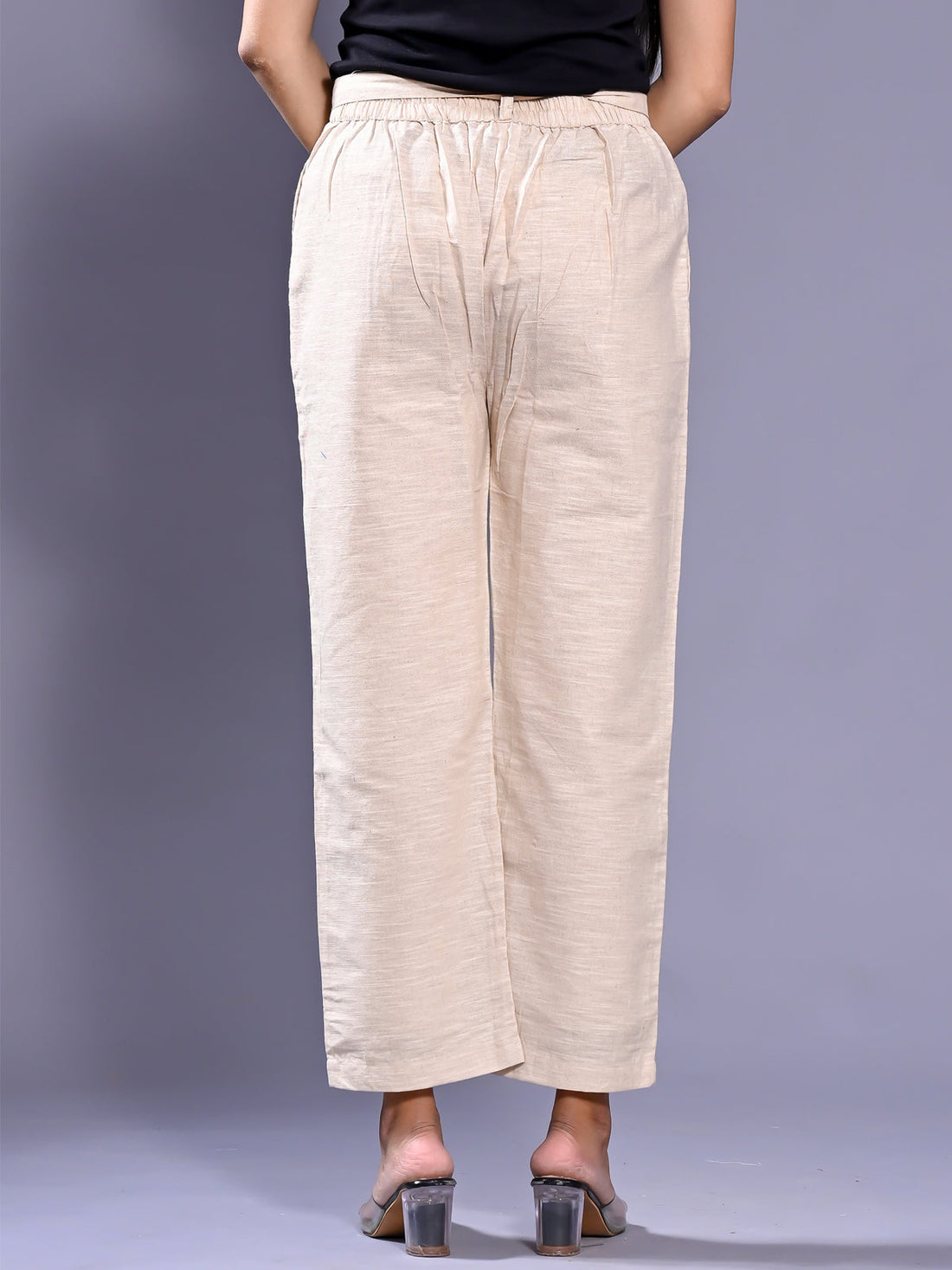 QuaClo Off White Linen Slub Women Regular Fit Cotton Trouser