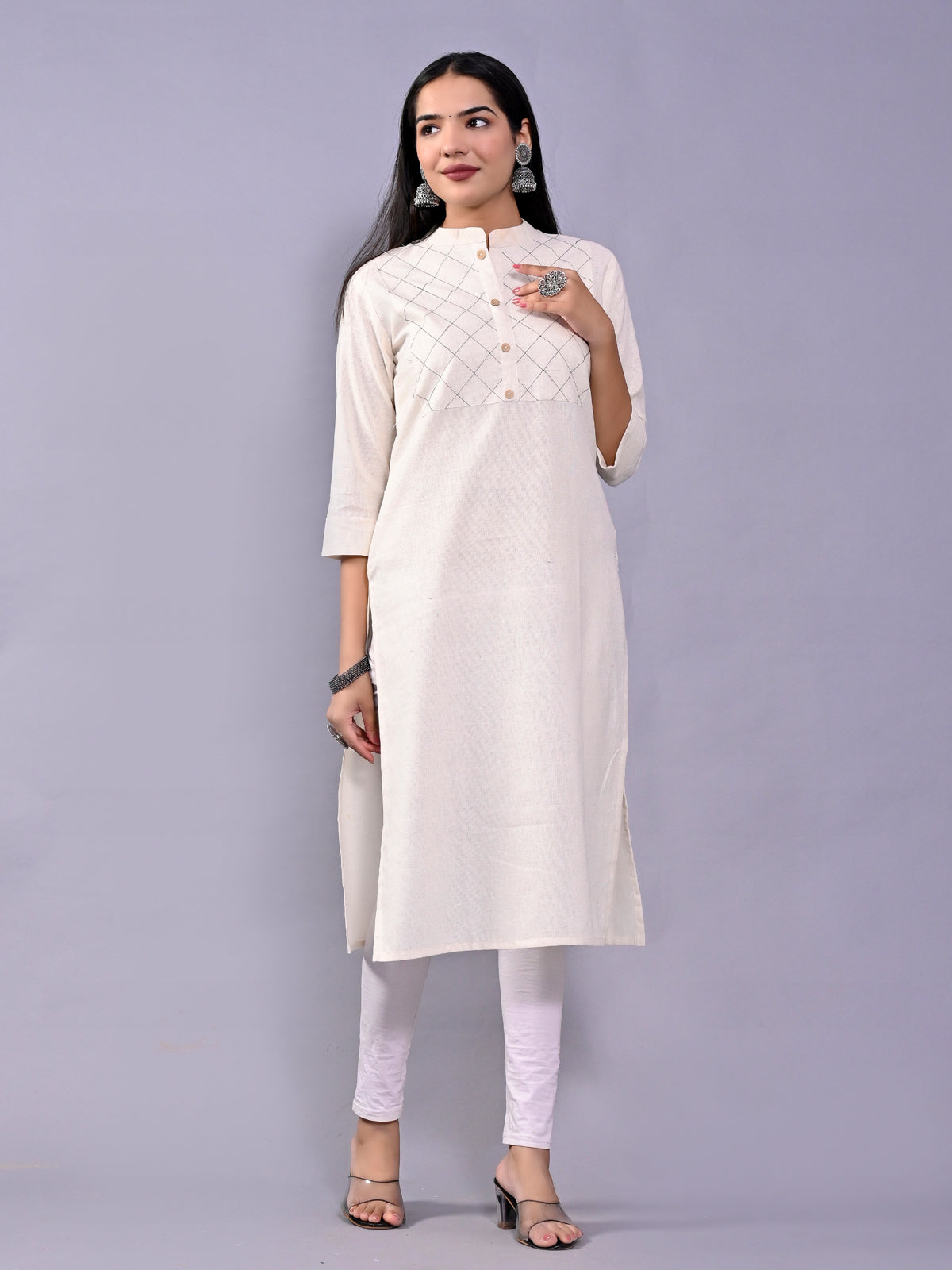 Women Solid Off White Woven South Cotton Kurti