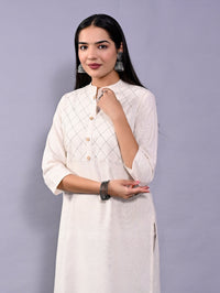 Women Solid Off White Woven South Cotton Kurti