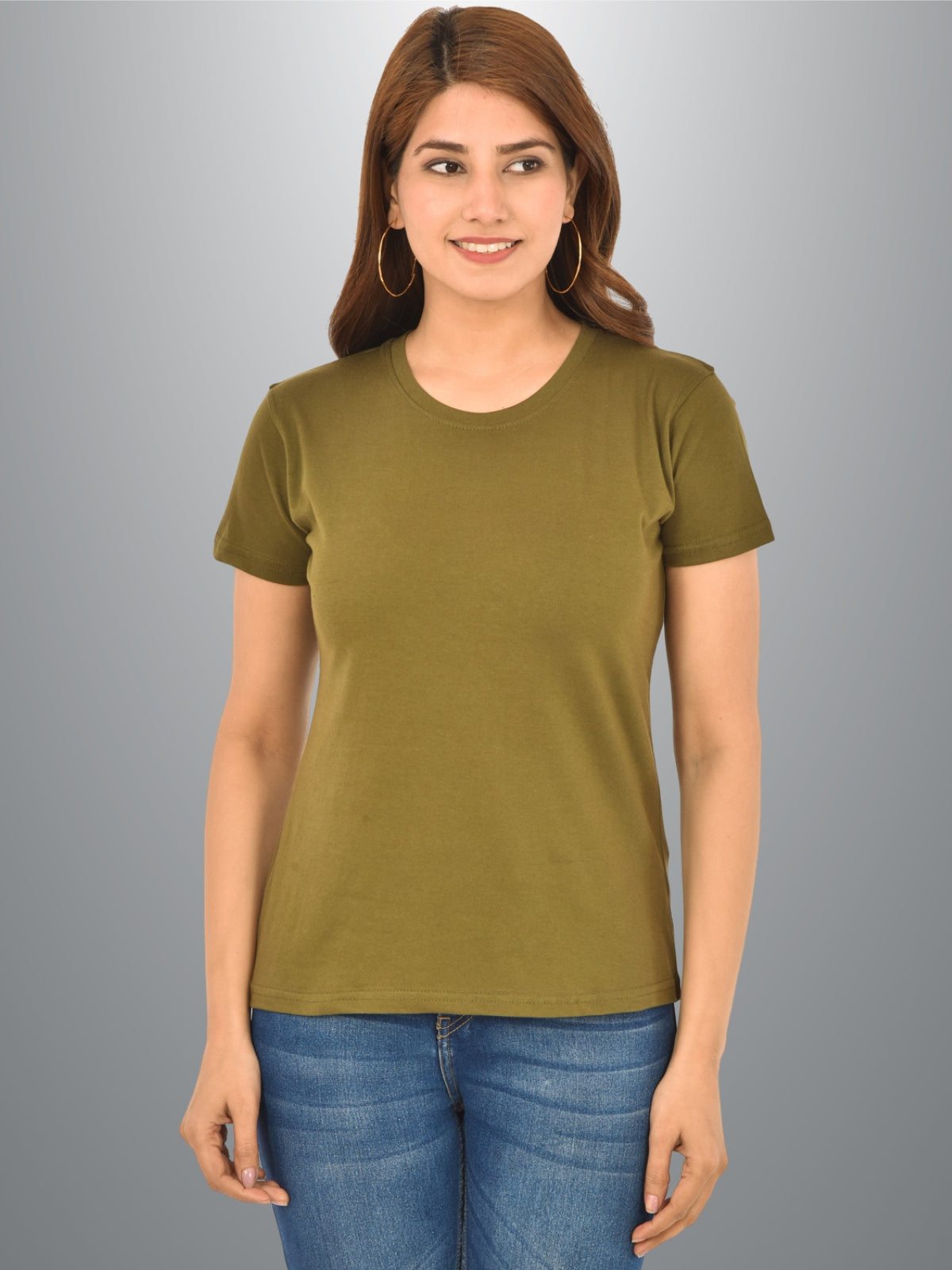 Womens Olive Green Half Sleeves Cotton Plain T-shirt