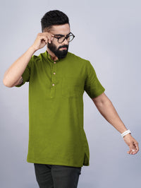 Mens Regular Fit Solid Olive Green Cotton Straight Short Kurta