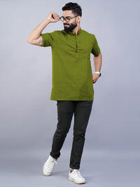 Mens Regular Fit Solid Olive Green Cotton Straight Short Kurta