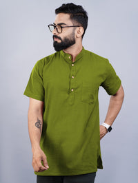 Mens Regular Fit Solid Olive Green Cotton Straight Short Kurta