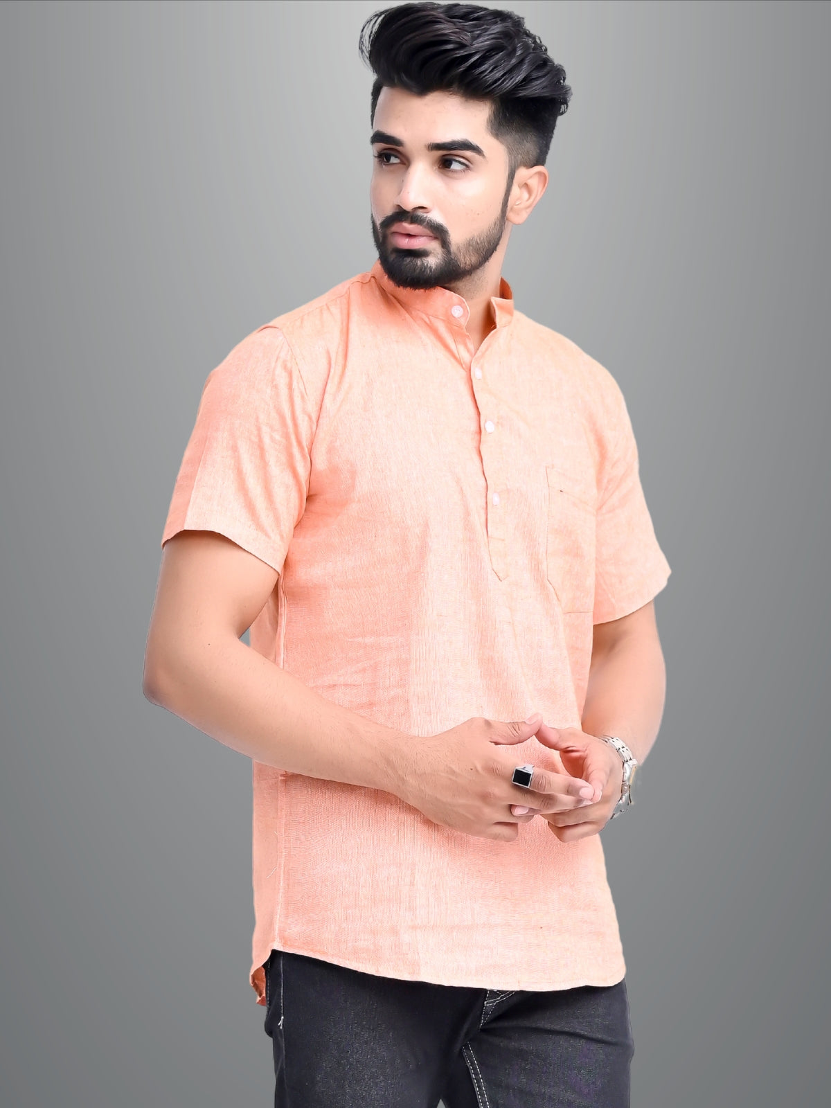 Mens Solid Orange Khadi Cotton Short Kurta