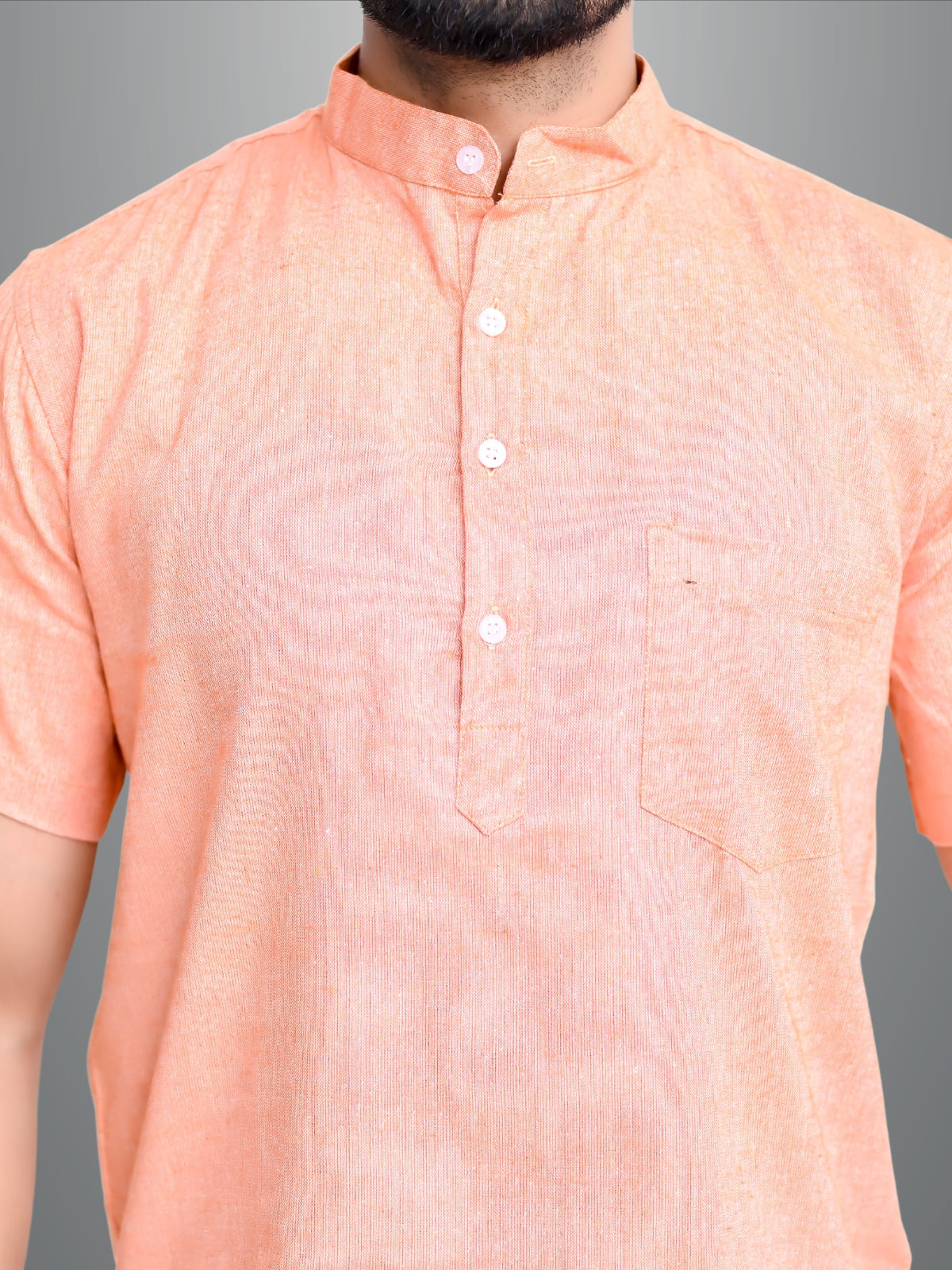 Mens Solid Orange Khadi Cotton Short Kurta