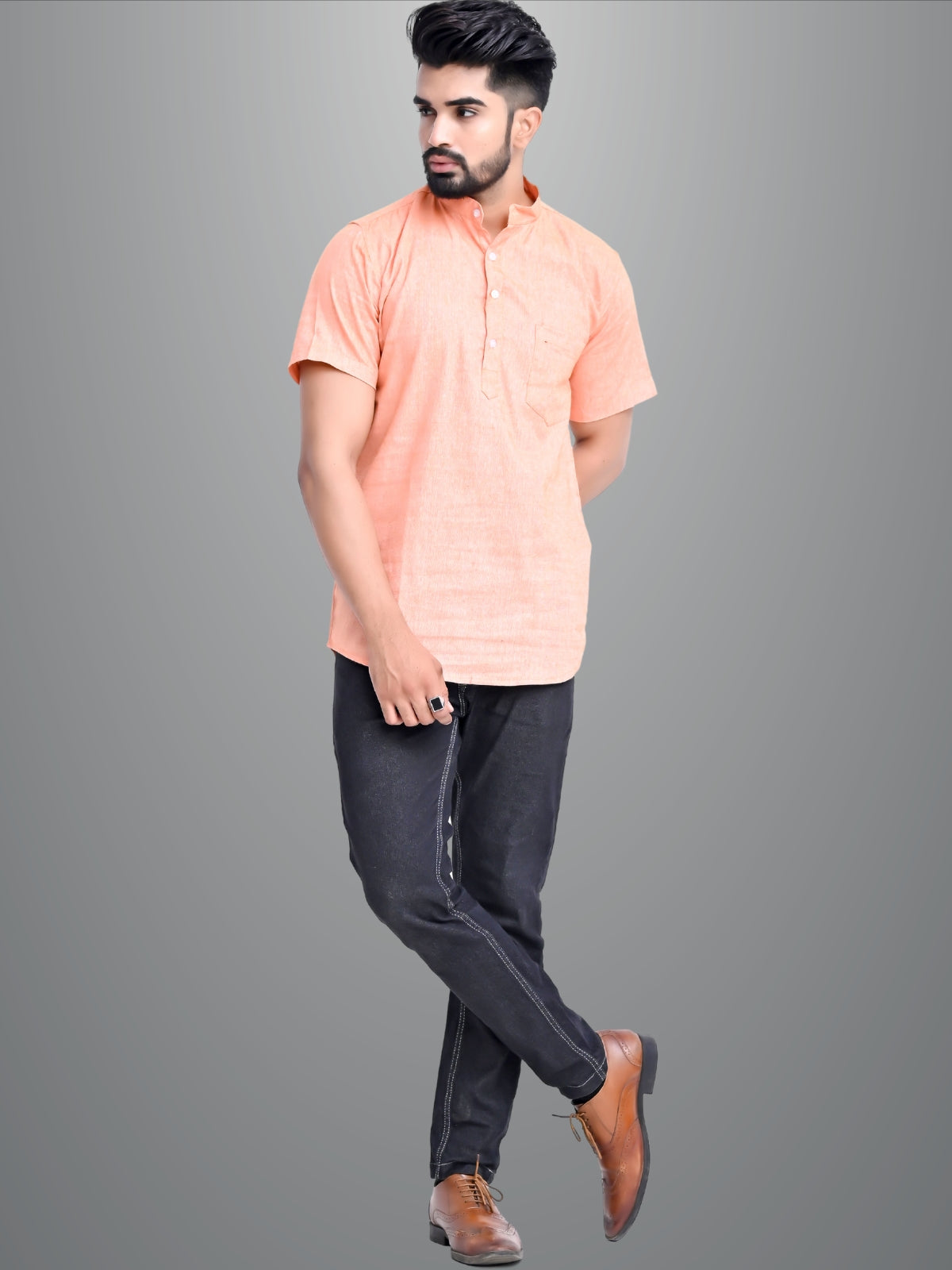 Mens Solid Orange Khadi Cotton Short Kurta