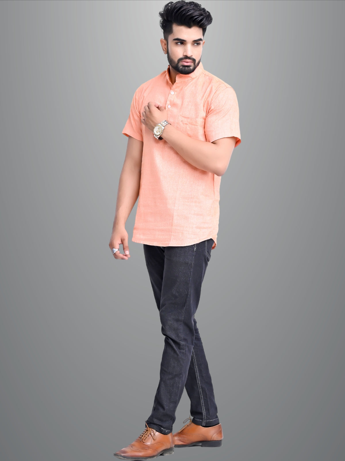 Mens Solid Orange Khadi Cotton Short Kurta