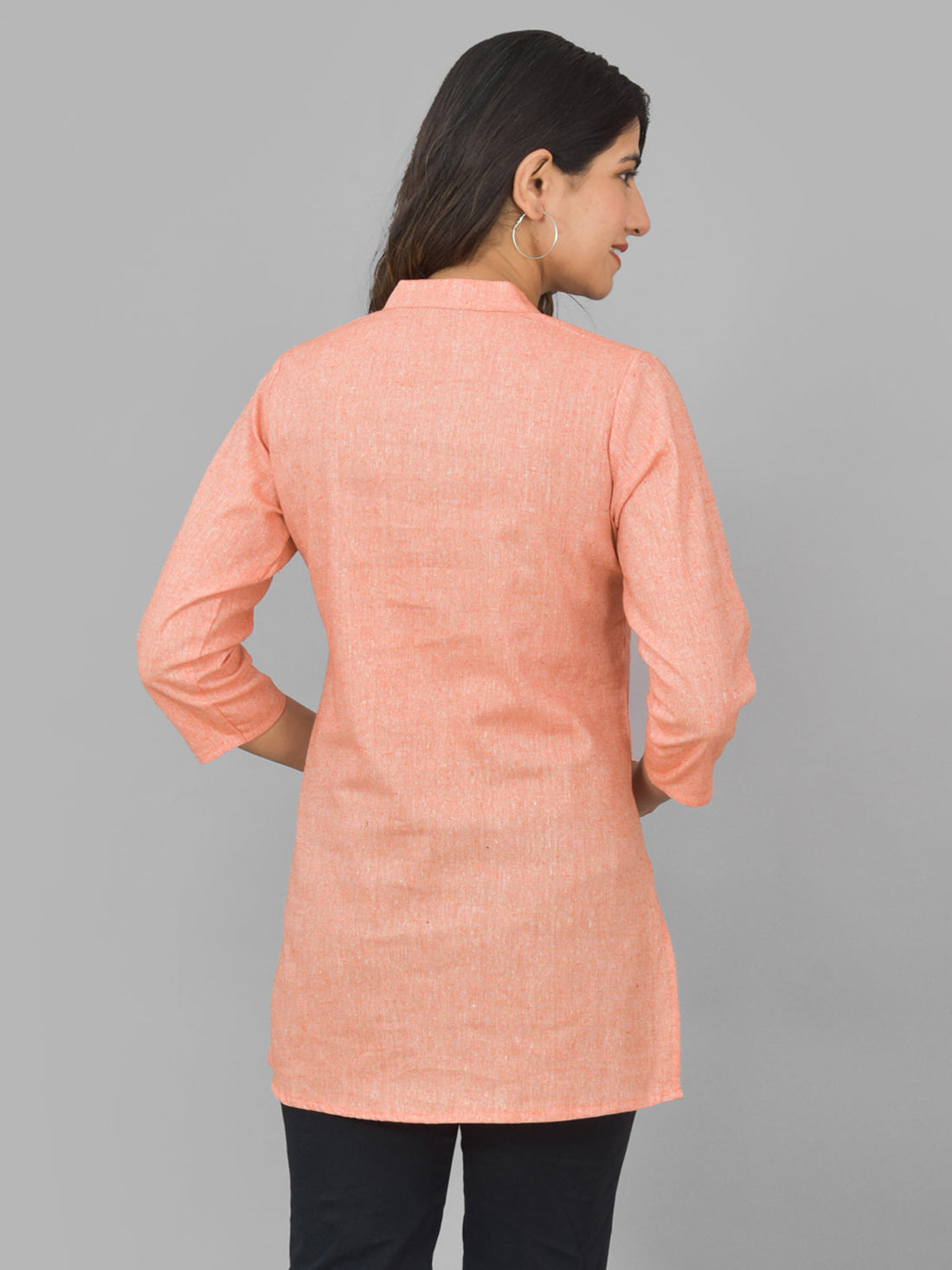 Womens Orange Woven Design Handloom Cotton Frontslit Short Kurti
