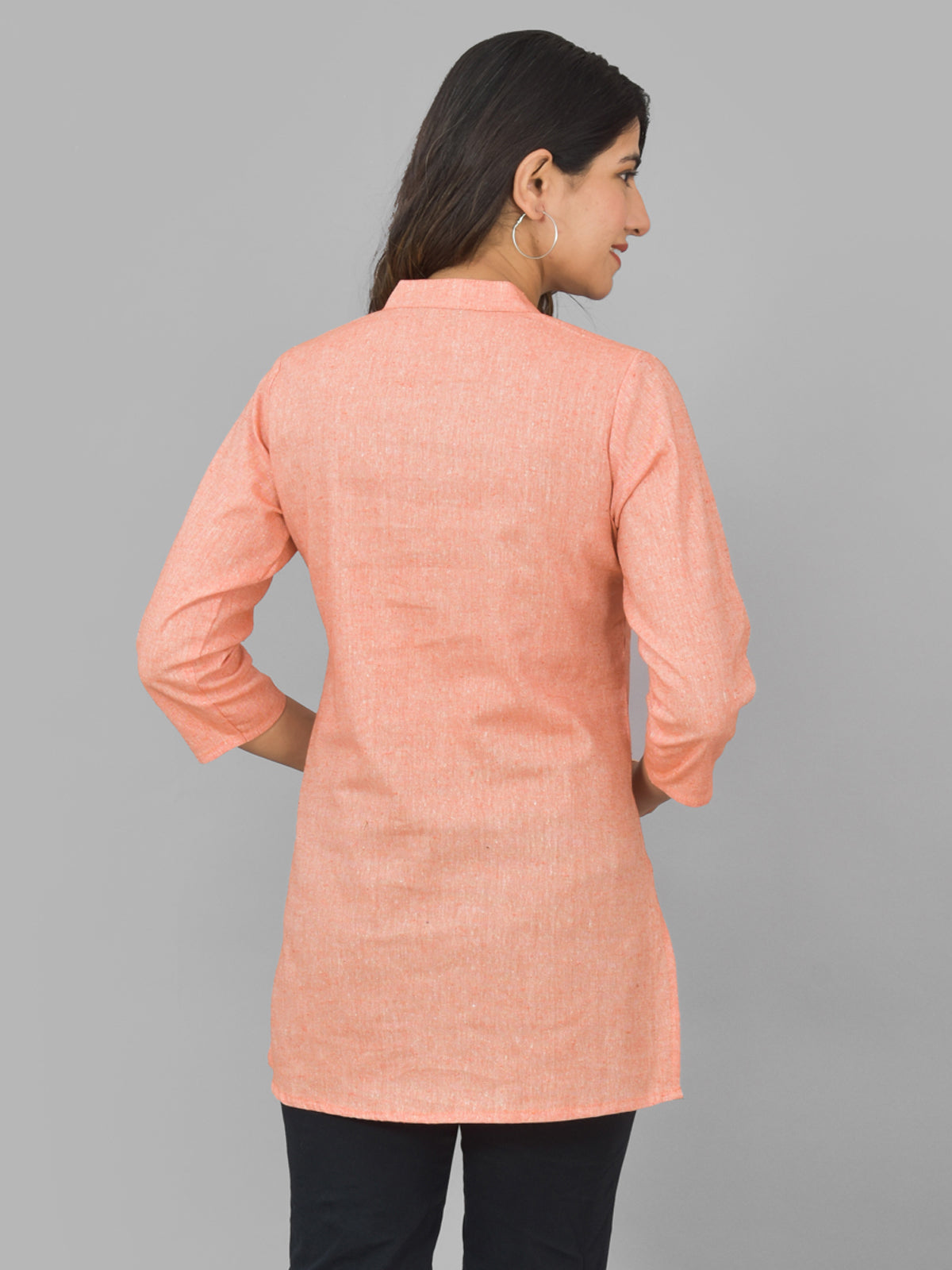 Pack Of 2 Womens Cream And Orange Woven Design Handloom Cotton Frontslit Short Kurtis