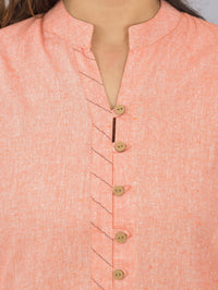 Womens Orange Woven Design Handloom Cotton Frontslit Short Kurti
