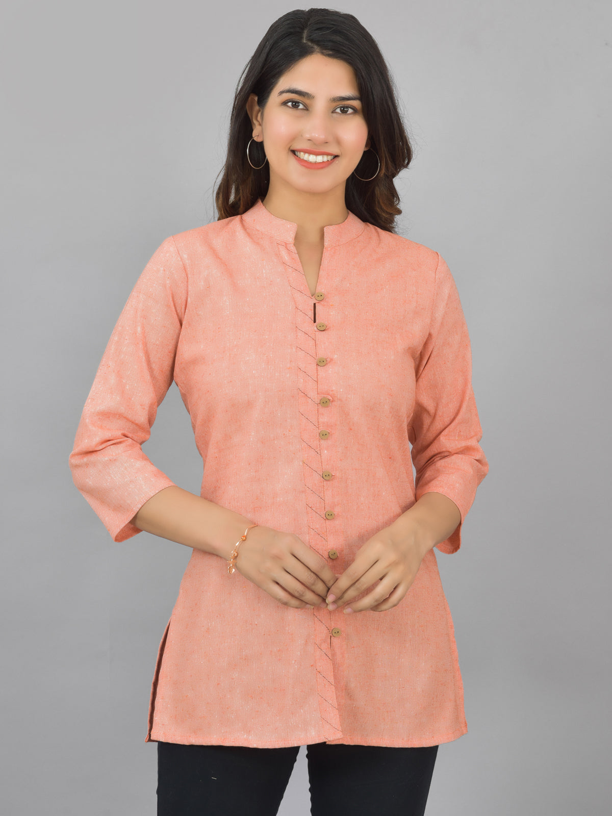 Pack Of 2 Womens Orange And Pink Woven Design Handloom Cotton Frontslit Short Kurtis