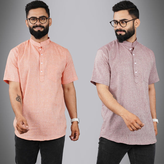 Pack Of 2 Mens Regular Fit Orange And Magenta Half Sleeve Cotton Short Kurta Combo