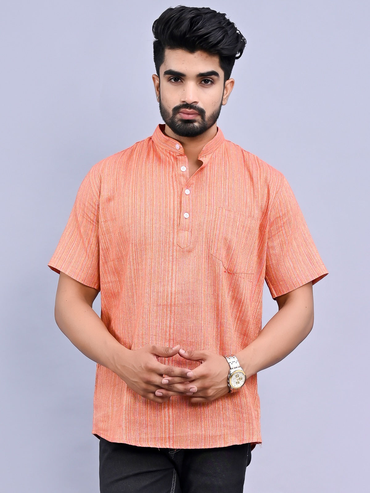 Mens Orange Striped South Cotton Straight Short kurta