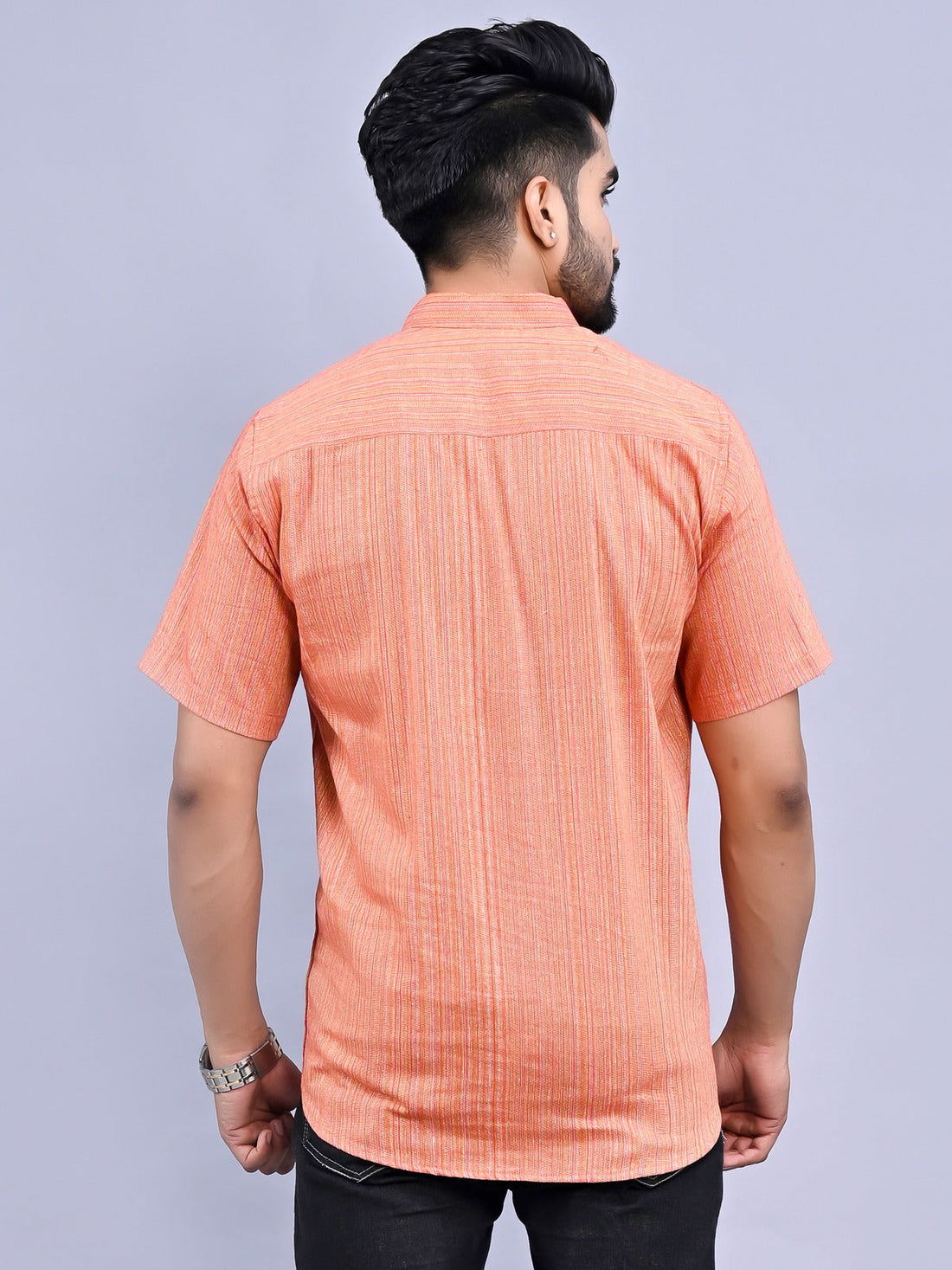 Regular Fit Orange Multi Stripes Cotton Short Kurta