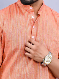 Mens Orange Striped South Cotton Straight Short kurta