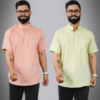 Pack Of 2 Mens Regular Fit Orange And Parrot Green Half Sleeve Cotton Short Kurta Combo