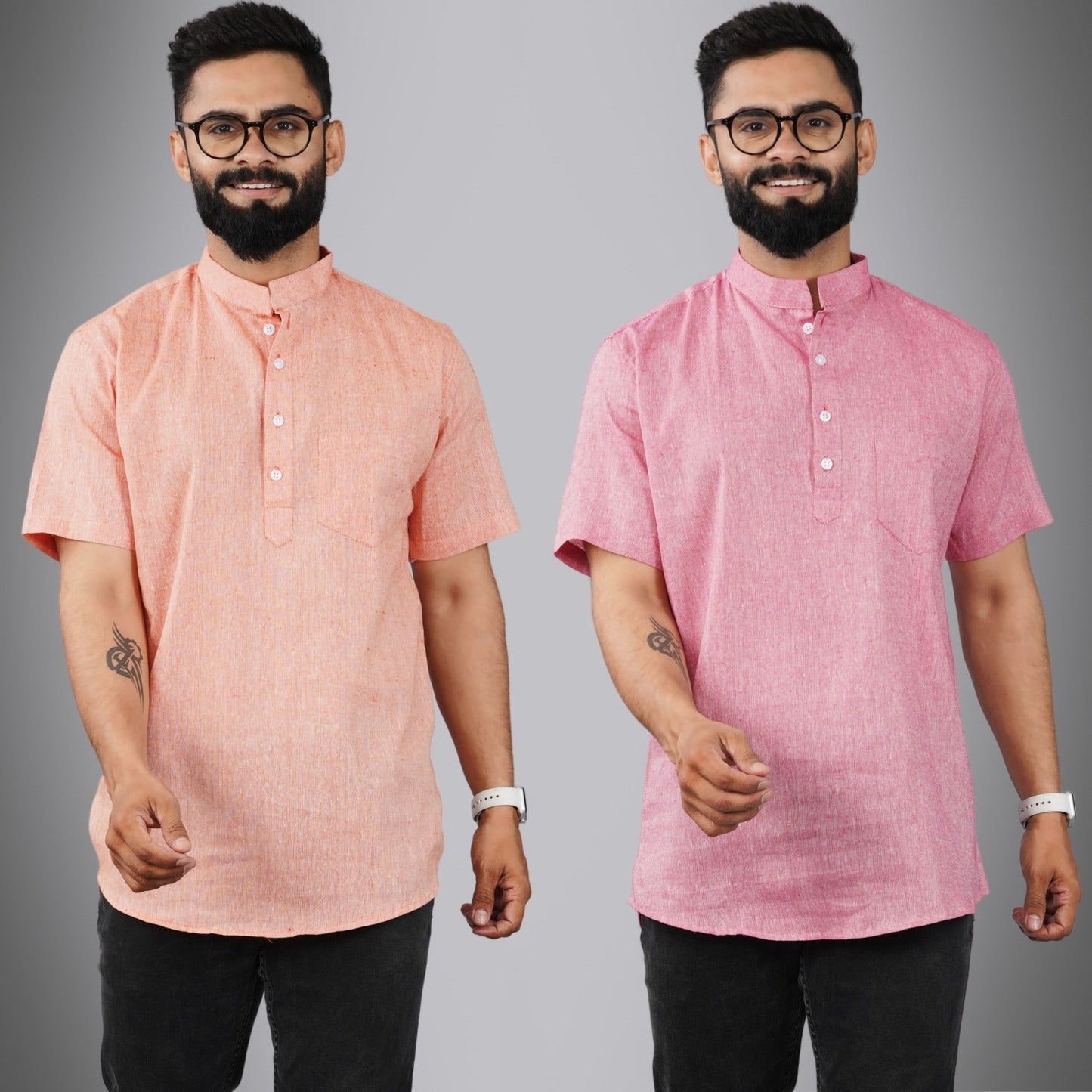 Pack Of 2 Mens Regular Fit Orange And Pink Half Sleeve Cotton Short Kurta Combo