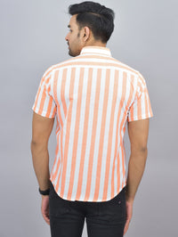 Mens Regular Fit Orange Striped Half Sleeves Cotton Casual Shirt