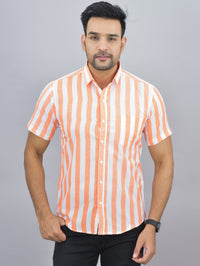 Mens Regular Fit Orange Striped Half Sleeves Cotton Casual Shirt