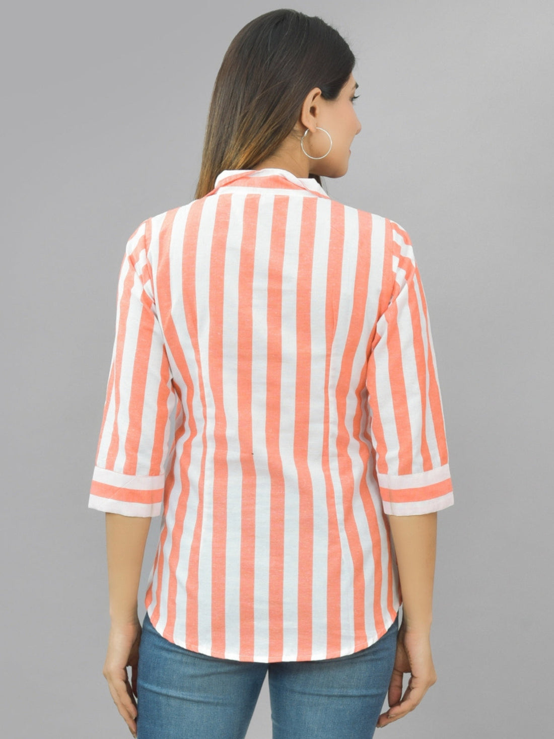 Womens Orange Regular Fit Striped Cotton Spread Collar Casual Shirt