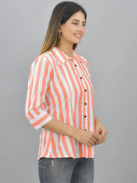 Womens Orange Regular Fit Striped Cotton Spread Collar Casual Shirt