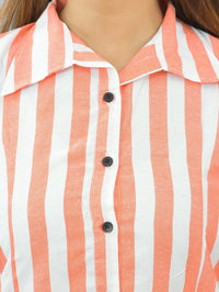 Womens Orange Regular Fit Striped Cotton Spread Collar Casual Shirt