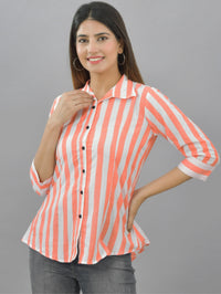 Pack Of 2 Womens Orange And Pink Spread Collar Striped Shirt Combo