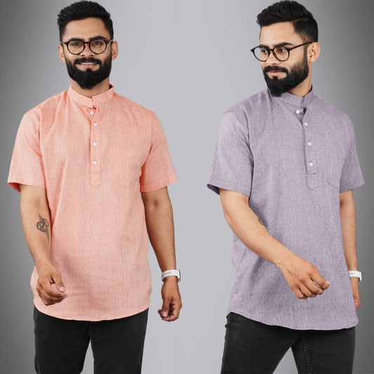 Pack Of 2 Mens Regular Fit Orange And Purple Half Sleeve Cotton Short Kurta Combo