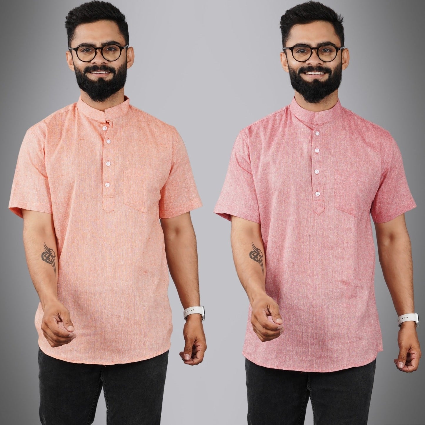 Pack Of 2 Mens Regular Fit Orange And Red Half Sleeve Cotton Short Kurta Combo