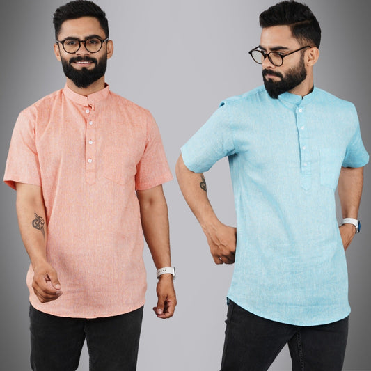 Pack Of 2 Mens Regular Fit Orange And Sky Blue Half Sleeve Cotton Short Kurta Combo