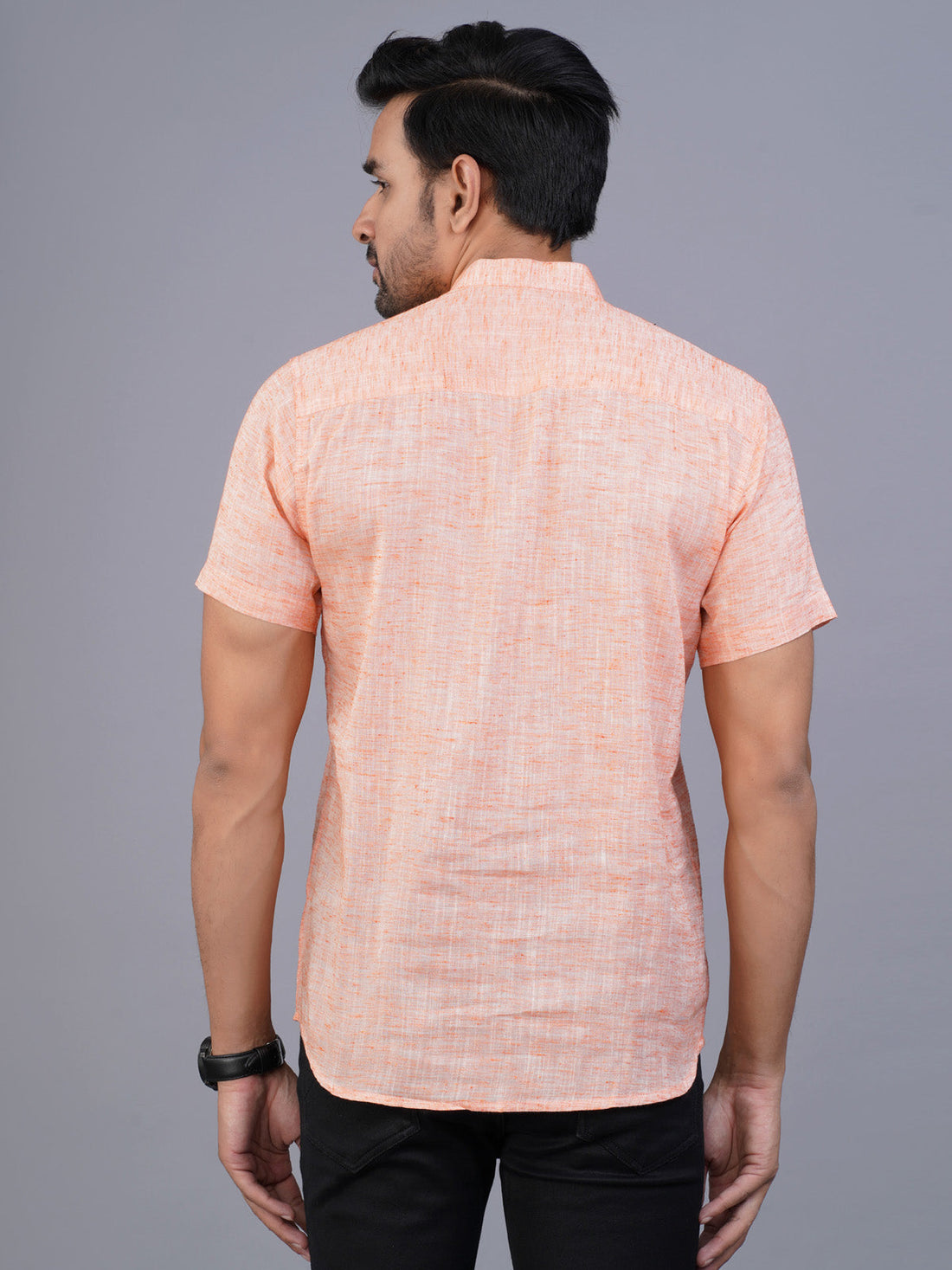 Mens Orange Short Sleeves Cotton Slub Kurta