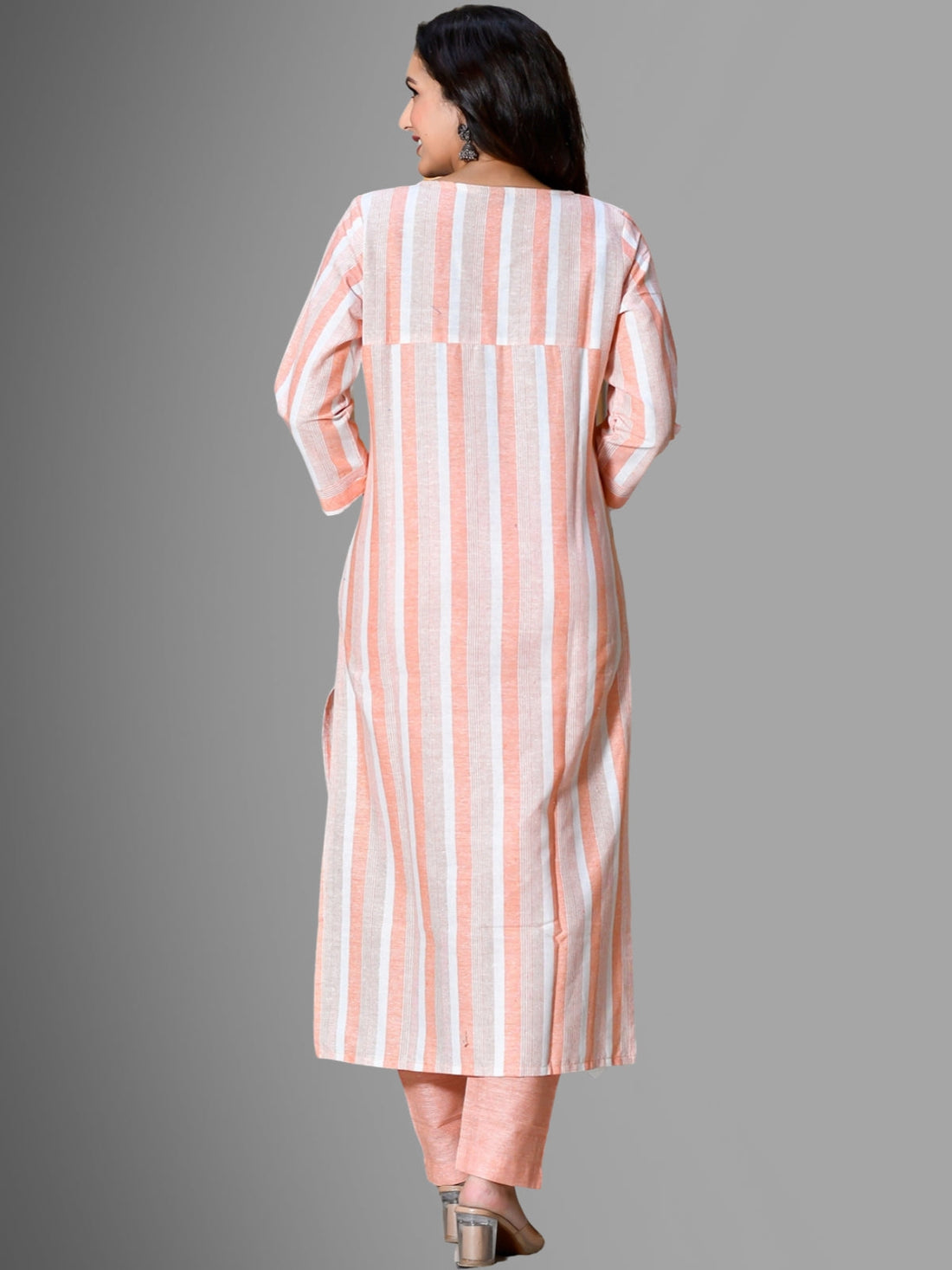 Womens Orange South Cotton Patta Striped Kurta