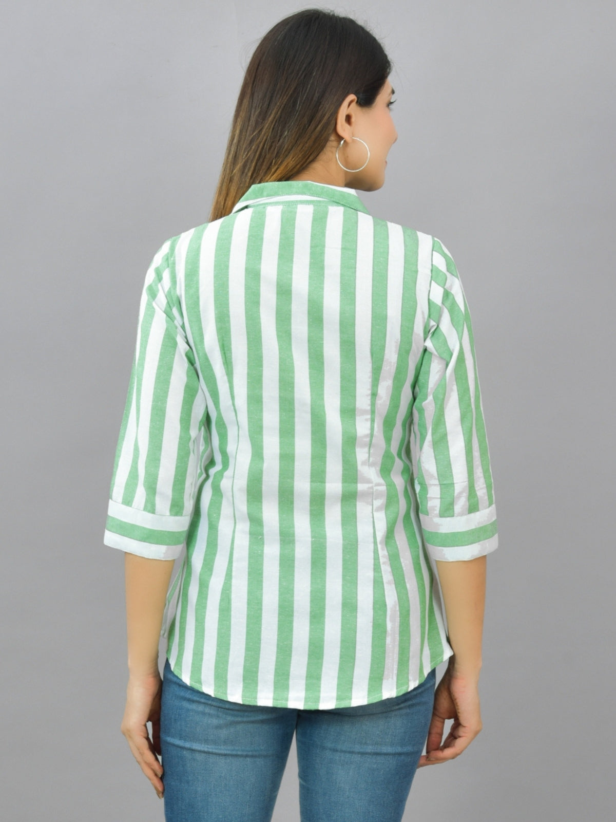 Womens Parrot Green Regular Fit Striped Cotton Spread Collar Casual Shirt