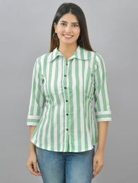 Pack Of 2 Womens Coffee And Parrot Green Spread Collar Striped Shirt Combo