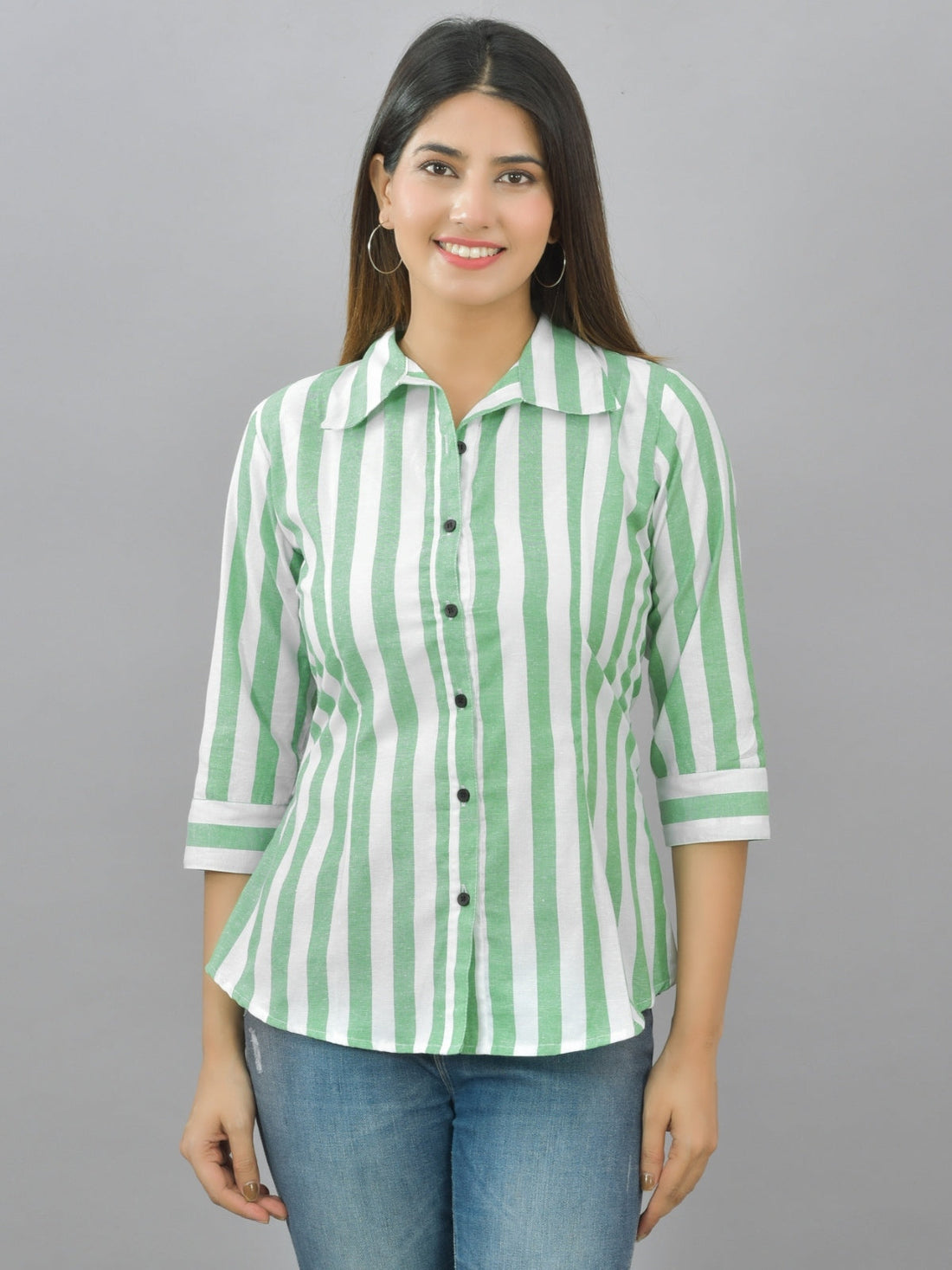 Pack Of 2 Womens Parrot Green And Red Spread Collar Striped Shirt Combo