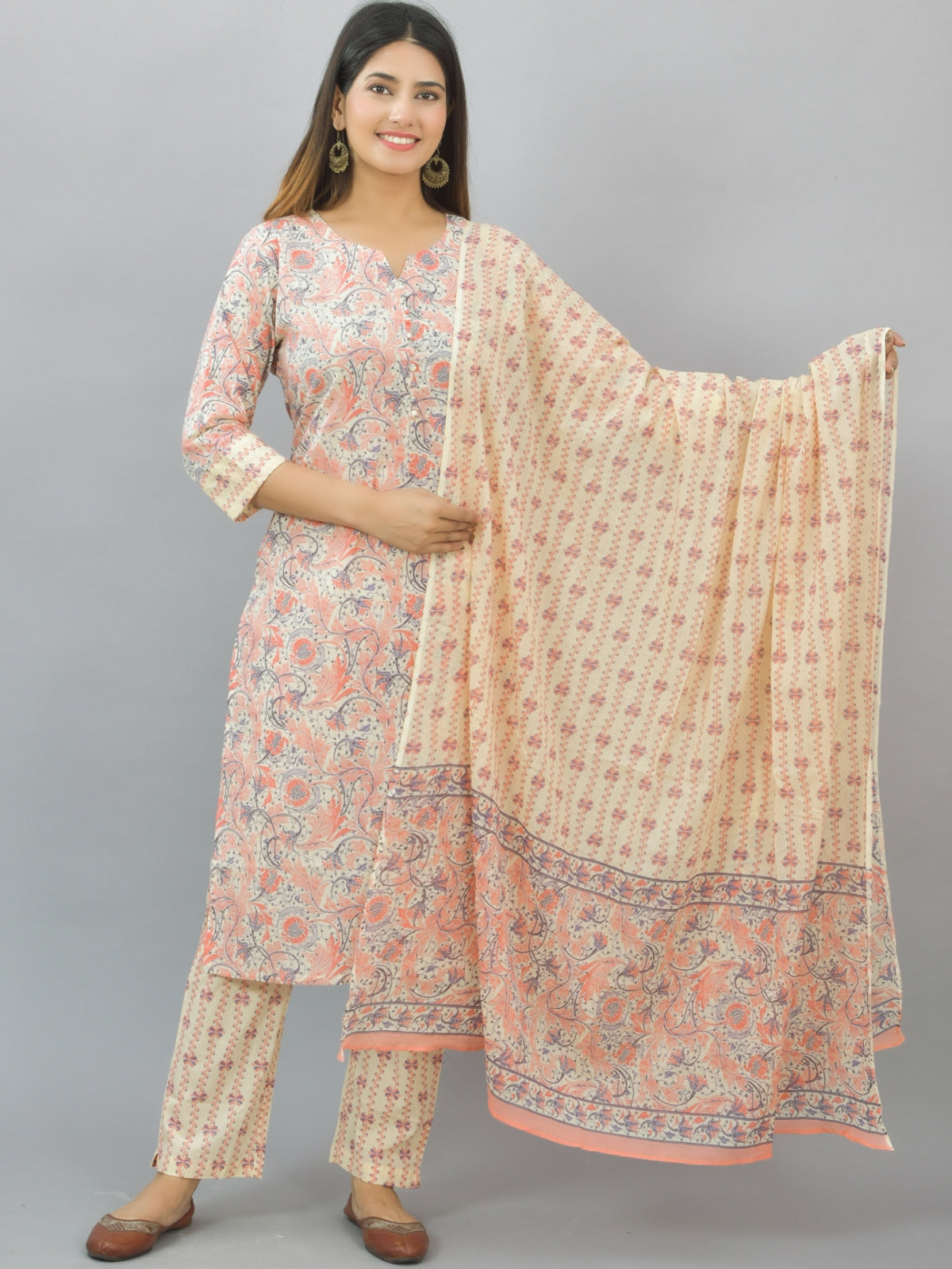 Womens Flower Printed Coral Pink Kurti, Dupatta And Pant Set