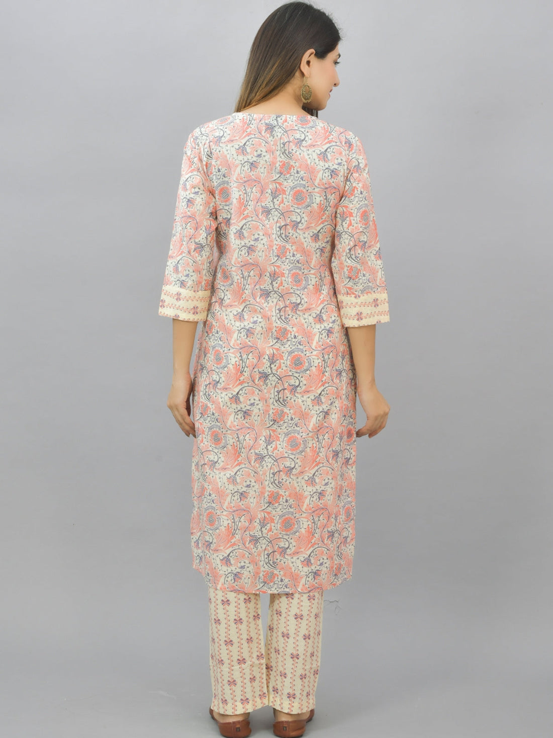 Womens Flower Printed Coral Pink Kurti, Dupatta And Pant Set