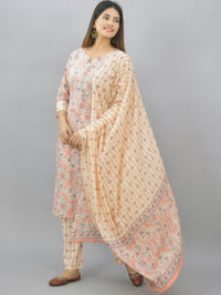 Womens Flower Printed Coral Pink Kurti, Dupatta And Pant Set