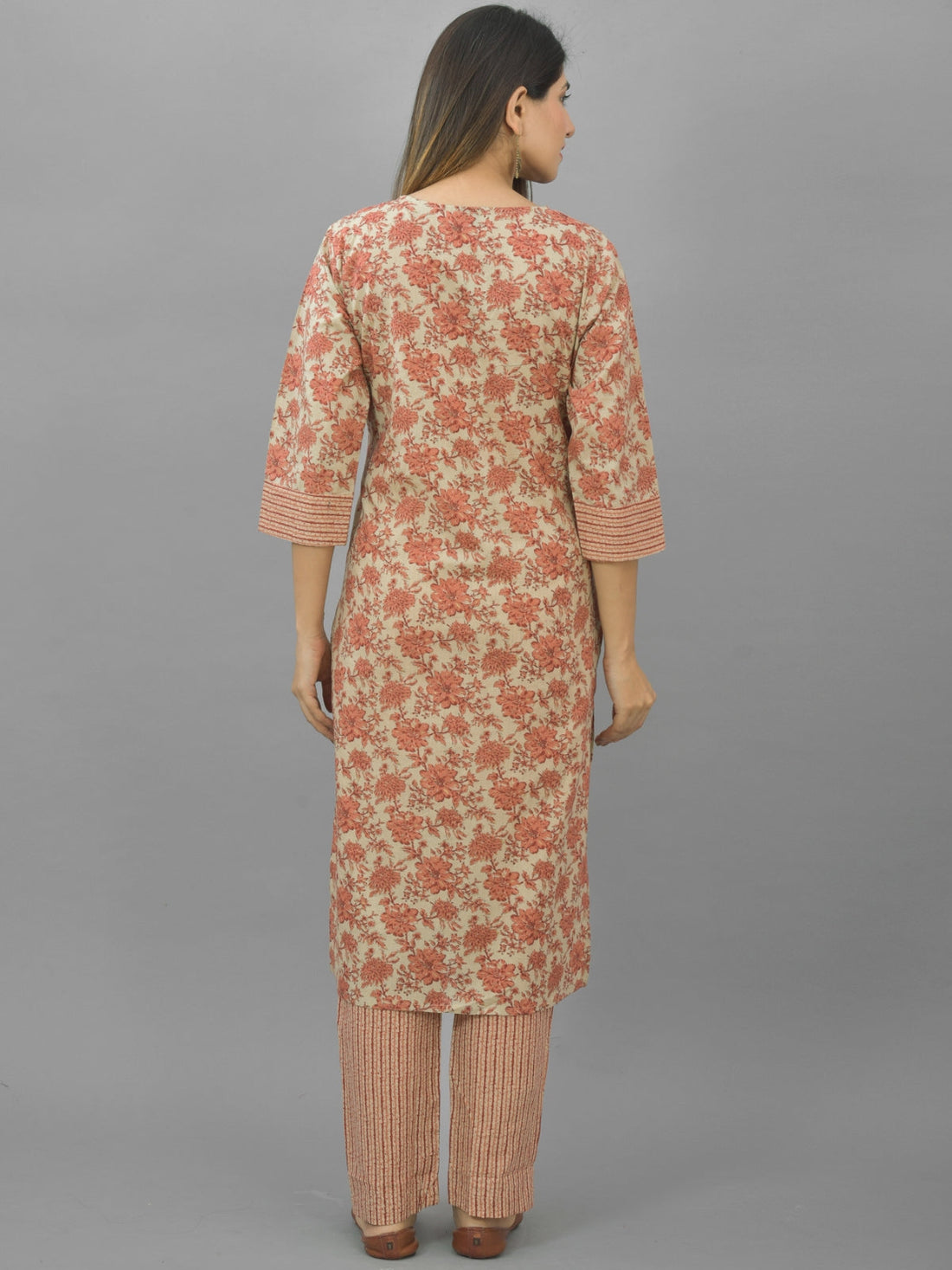 Womens Flower Printed Coral Pink Kurti, Dupatta And Pant Set
