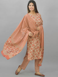 Womens Flower Printed Coral Pink Kurti, Dupatta And Pant Set