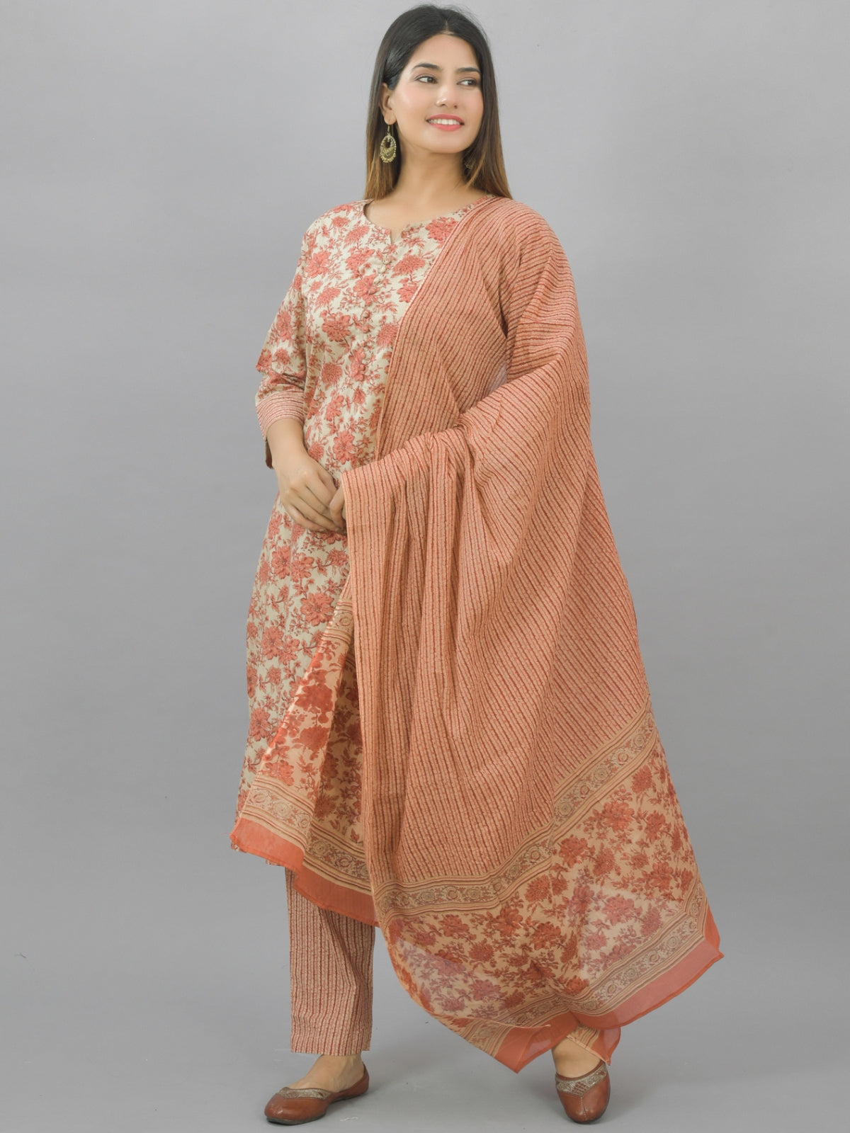 Womens Flower Printed Coral Pink Kurti, Dupatta And Pant Set