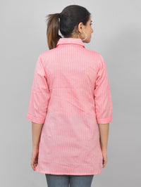 Womens Peach Lurex Striped Spread Collar Short Kurti